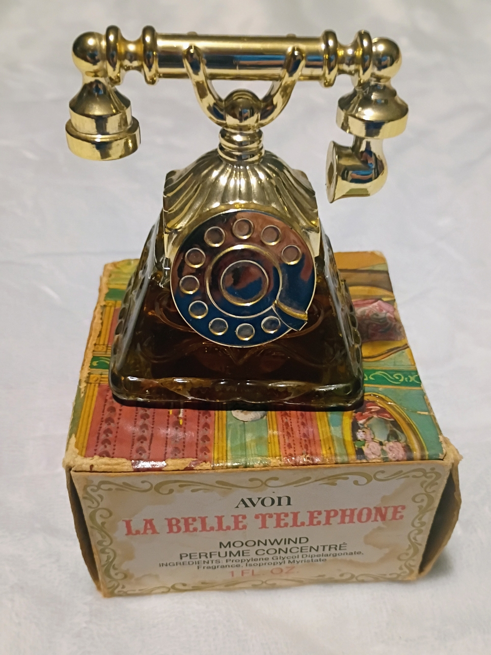 Avon La Belle Telephone Moonwind Perfume Bottle - Gold & Amber 1974 Vintage